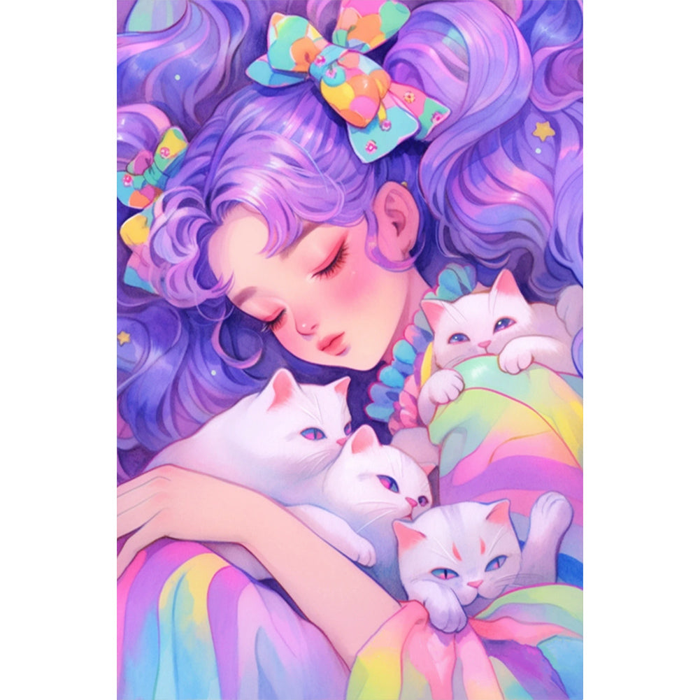 Diamond Painting - Full Round - Cat and Colorful Girl (40*60CM)