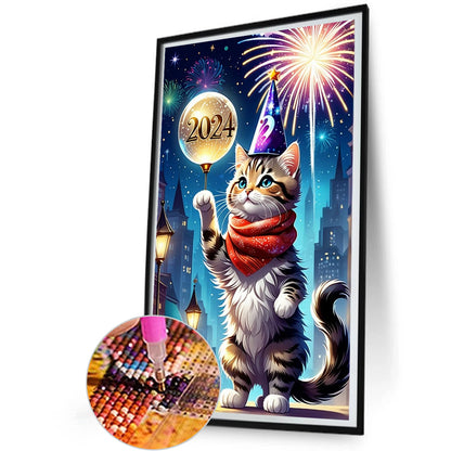 Diamond Painting - Full Round - Cat celebrating new year (30*50CM)