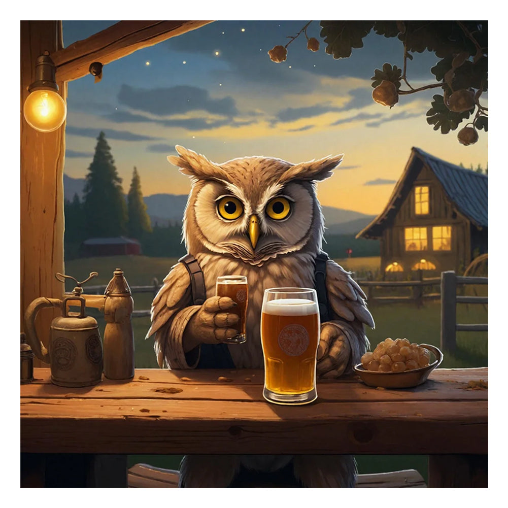 Diamond Painting - Full Round - Owl drinking beer (30*30CM)