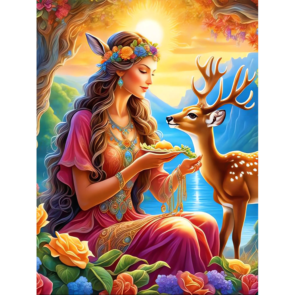 Diamond Painting - Full Round - deer and girl (40*50CM)