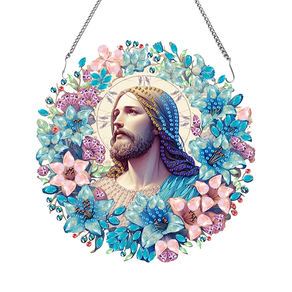 Acrylic Special Shaped Jesus Diamond Art Painting Wreath Hanging Sign Decoration