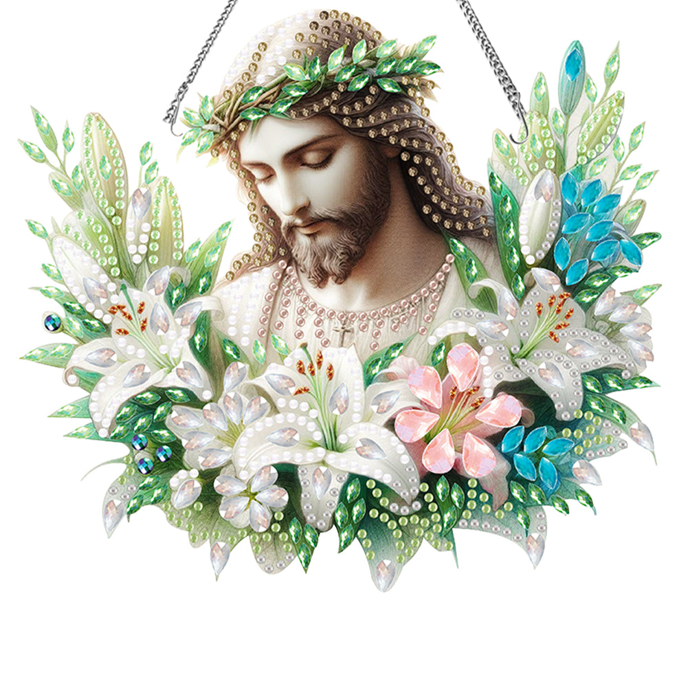 Acrylic Special Shaped Lily Jesus Diamond Art Painting Wreath Hanging Sign Decor