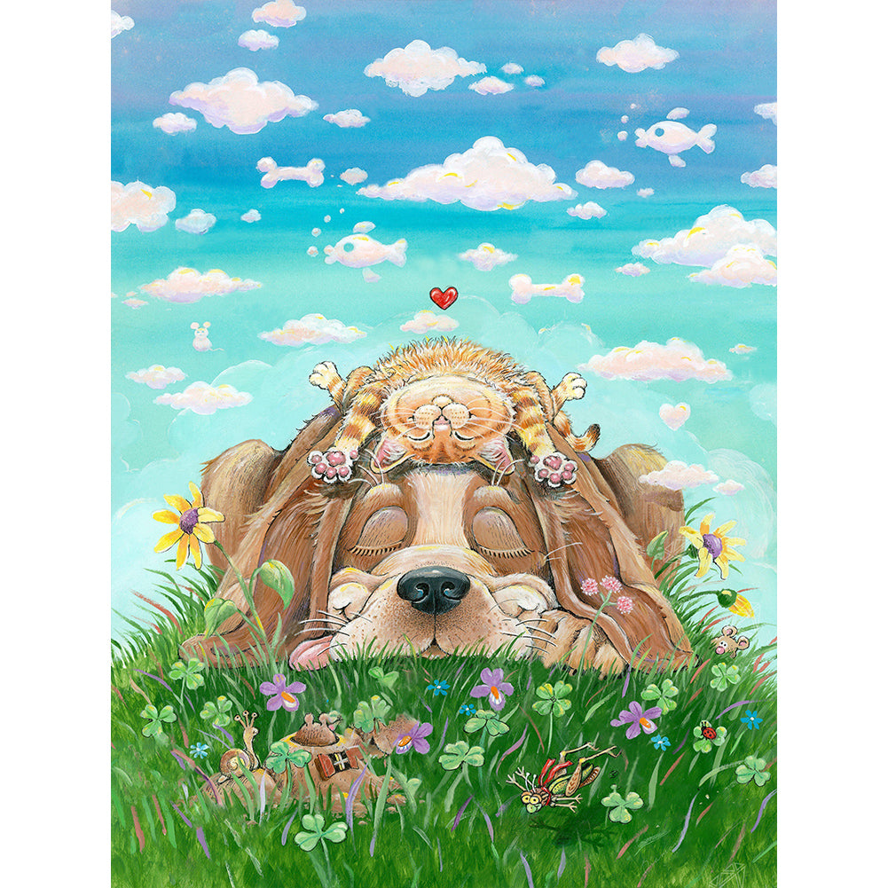 Diamond Painting - Full Round - Puppy and cat sleeping on the grass (30*40CM)