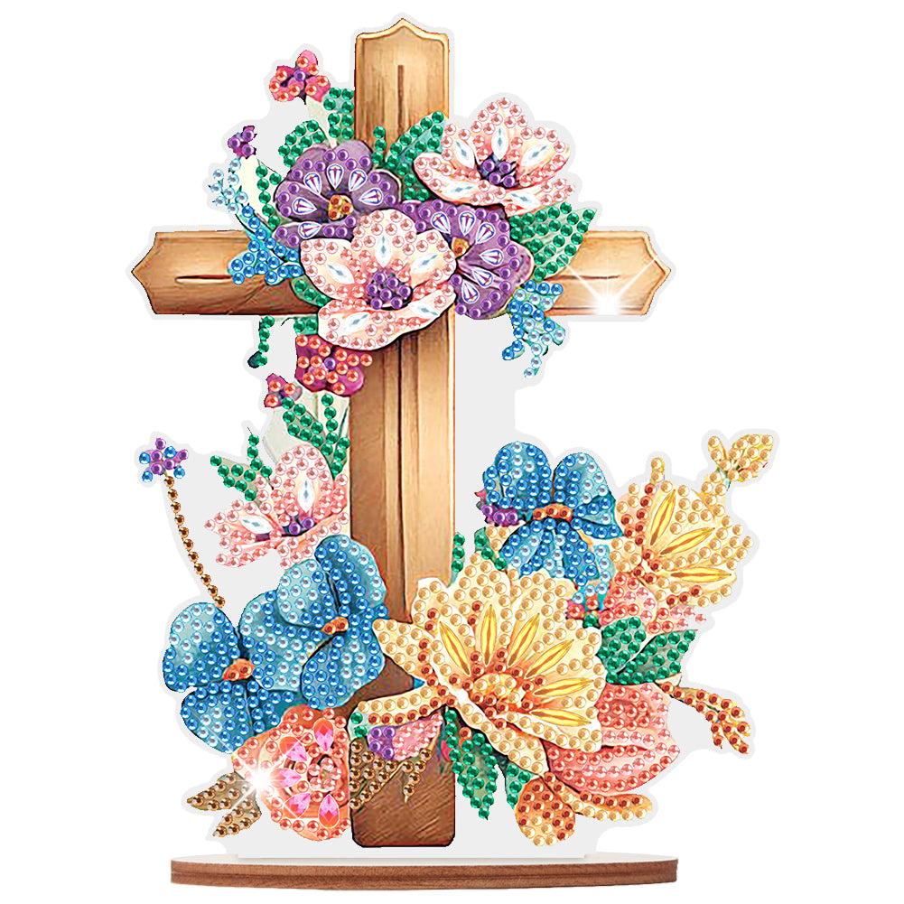 Wooden Special Shaped Flower Cross Diamond Painting Art Kits Desktop Decorations