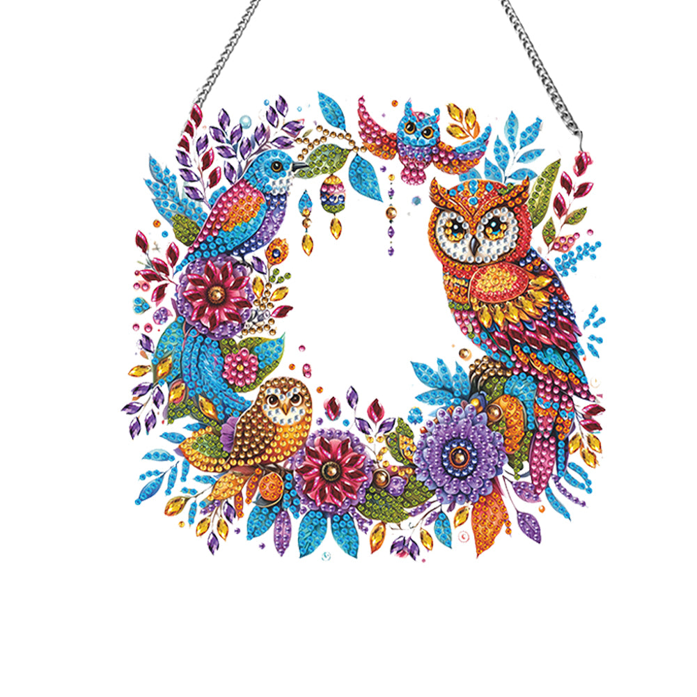 Acrylic Special Shaped Diamond Art Painting Owl Wreath Hanging Sign Decoration