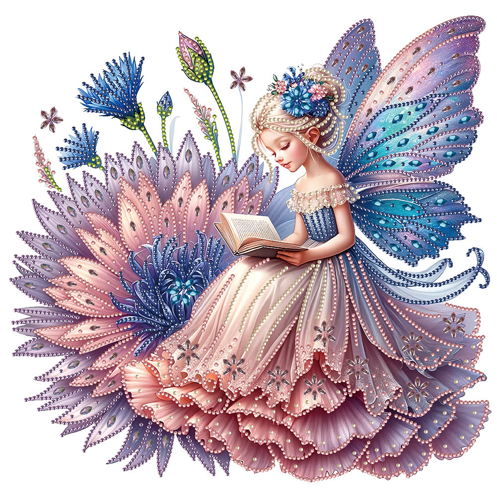 Diamond Painting - Partial Special Shaped - pink purple chrysanthemum reading butterfly girl (40*40CM)