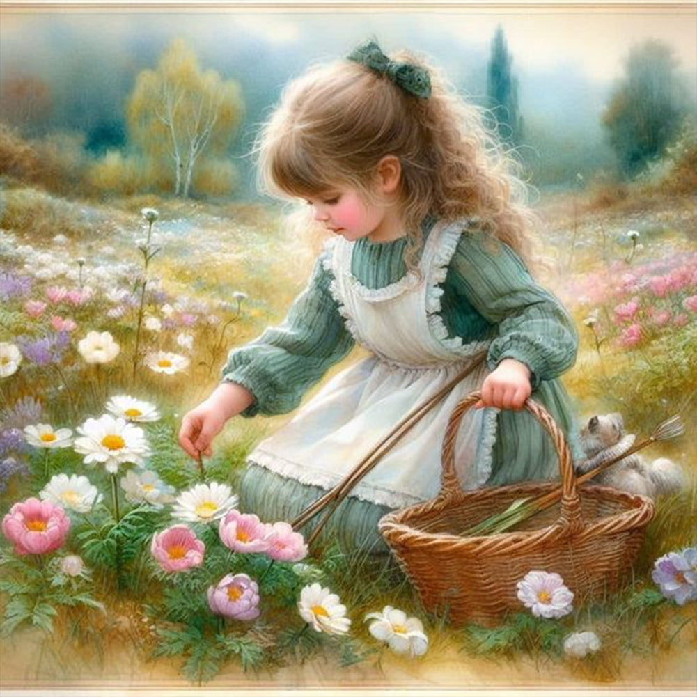 Diamond Painting - Full Round - girl picking flowers (40*40CM)