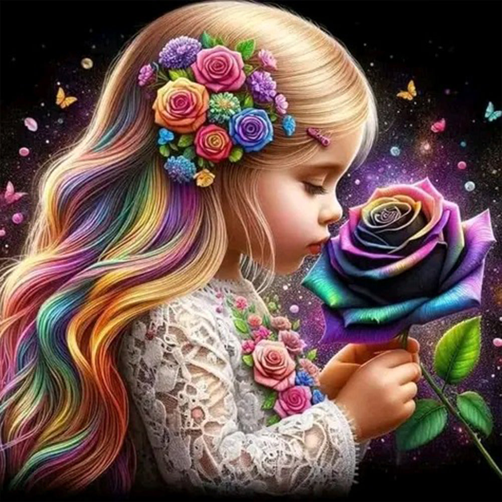 Diamond Painting - Full Round - Colorful roses and girl (30*30CM)