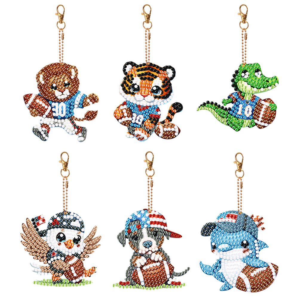 6Pcs Full Drill Keyring Animal Double Sided Rhinestone Painting Keychain Pendant