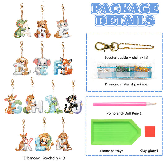 13Pcs Double Sided Special Shaped Letter Animal Full Drill Keyring for Beginners