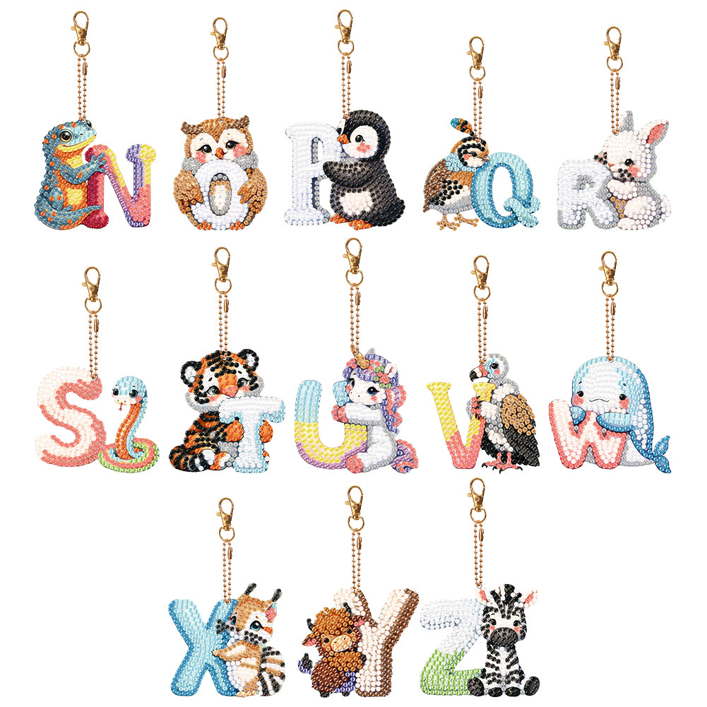 13Pcs Double Sided Special Shaped Letter Animal Full Drill Keyring for Beginners