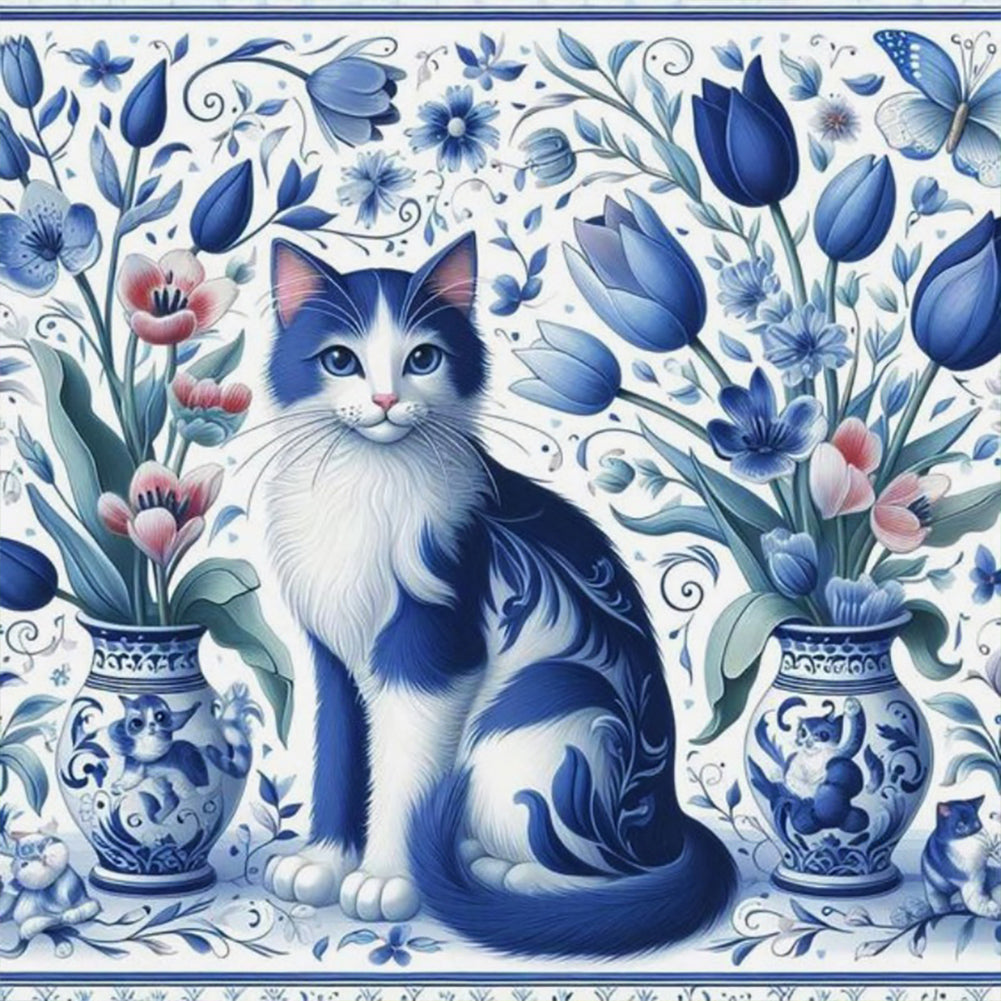 Diamond Painting - Full Round - Blue and white porcelain cat (40*40CM)