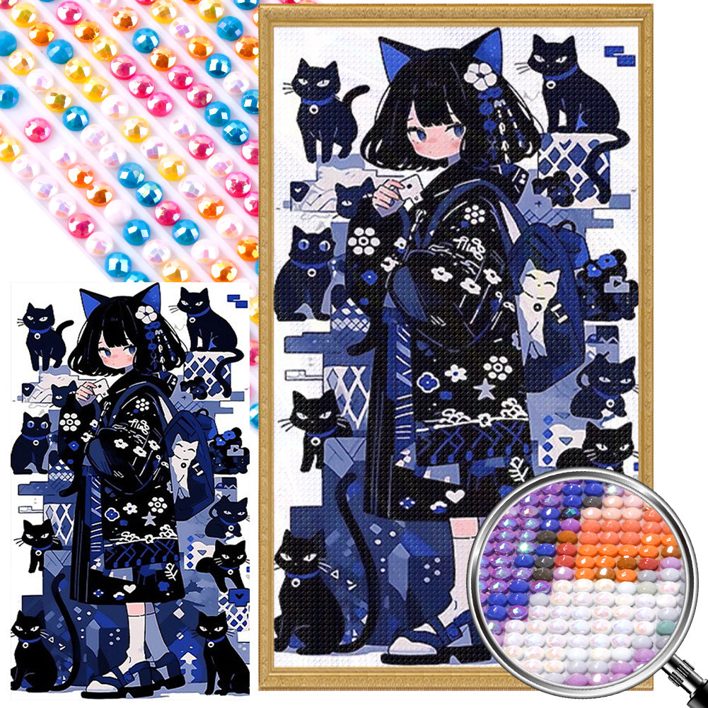 AB Diamond Painting - Full Round - black cat and girl (40*70CM)