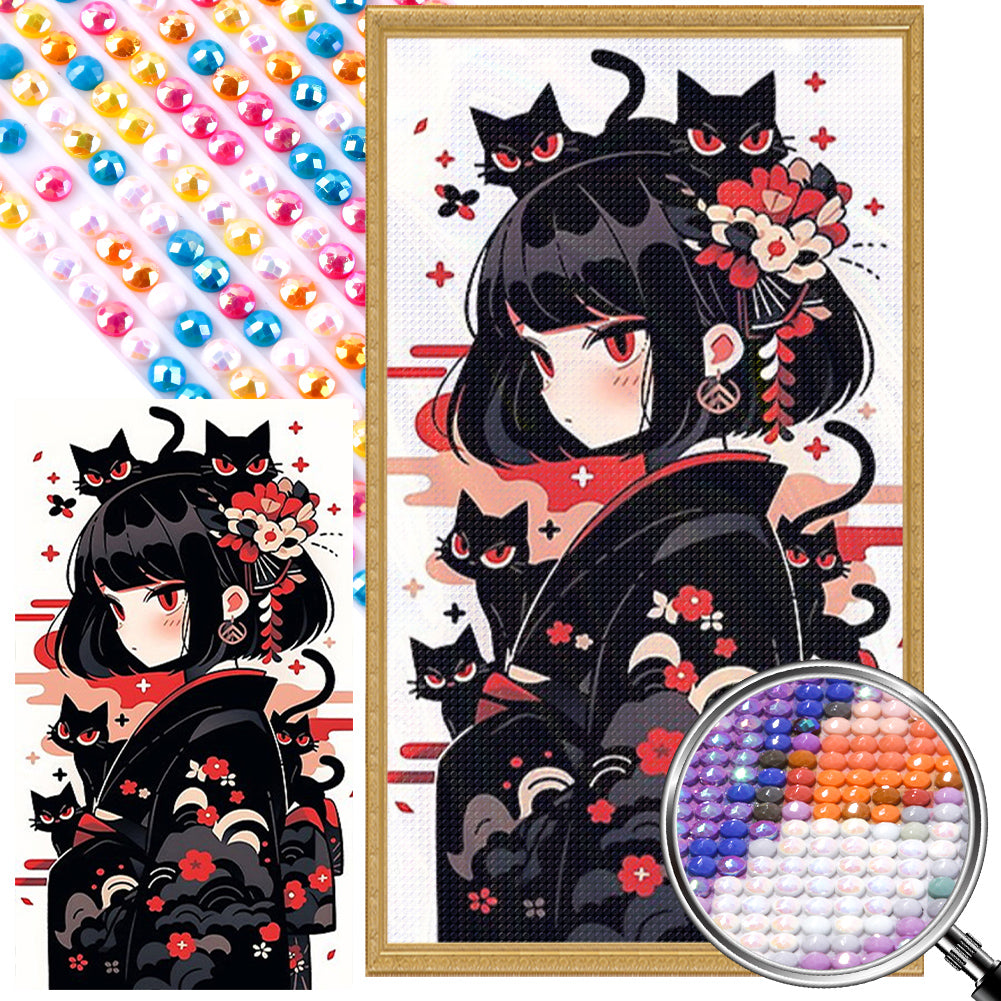 AB Diamond Painting - Full Round - black cat and girl (40*70CM)