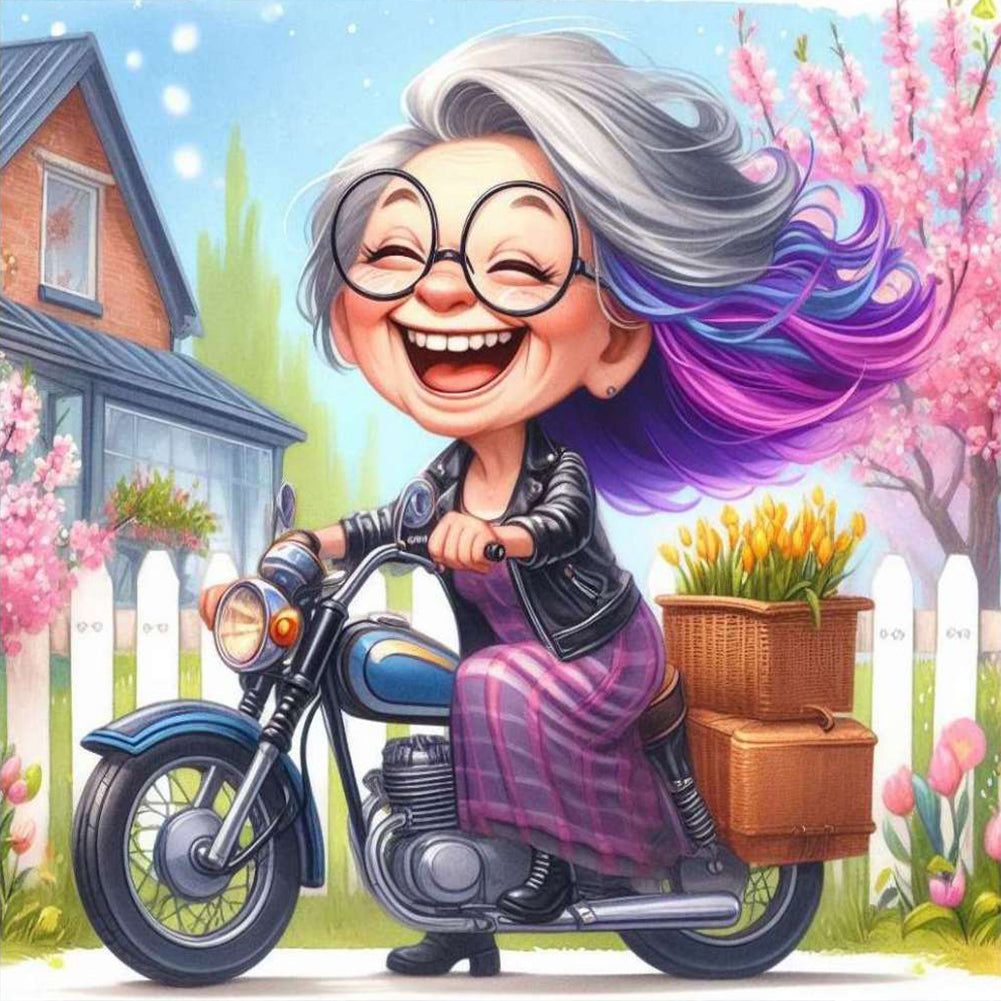 Diamond Painting - Full Round - Happy old lady riding a bicycle (30*30CM)
