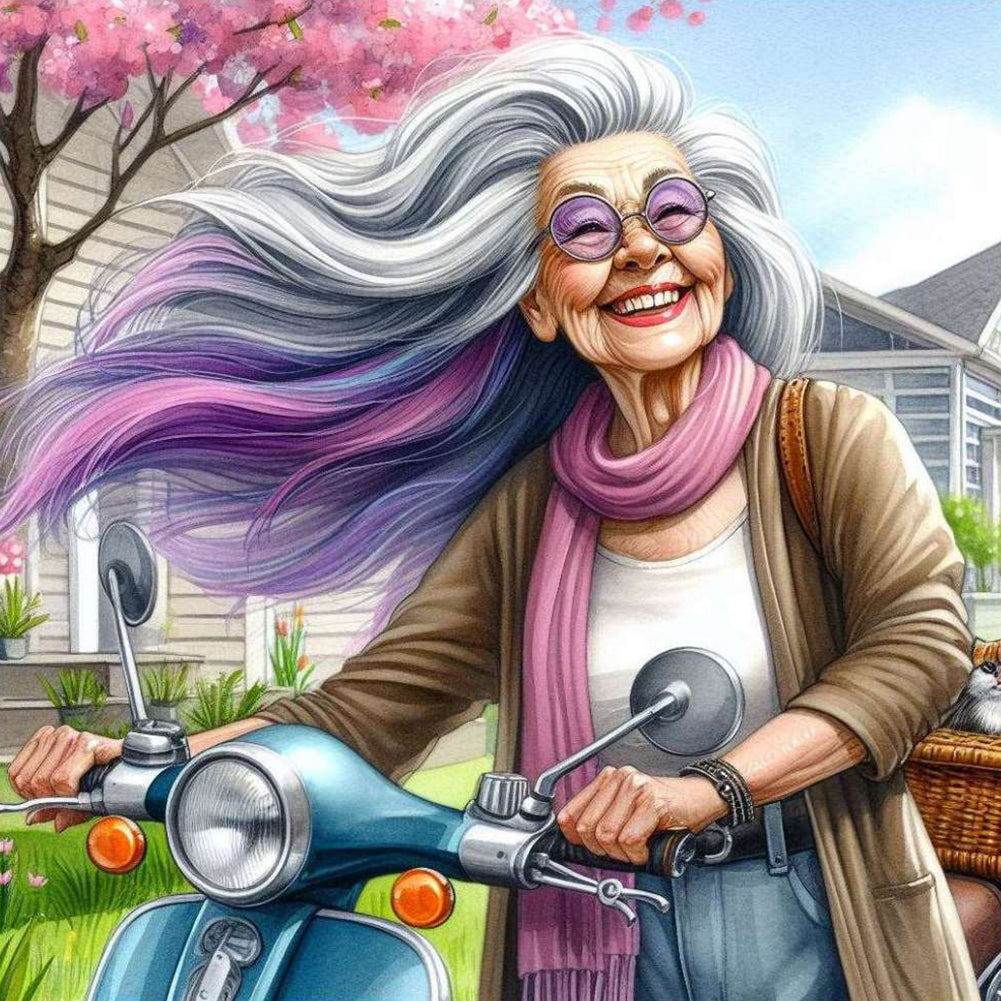Diamond Painting - Full Round - Happy old lady riding a bicycle (30*30CM)