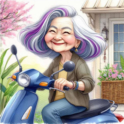 Diamond Painting - Full Round - Happy old lady riding a bicycle (30*30CM)