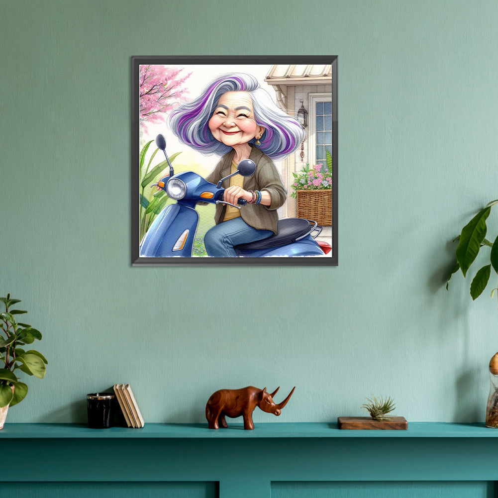 Diamond Painting - Full Round - Happy old lady riding a bicycle (30*30CM)