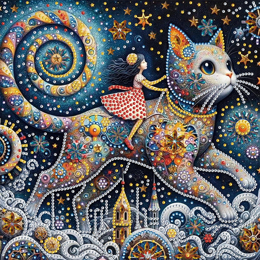 Diamond Painting - Partial Special Shaped - World Cat Day Children¡¯s Fantasy Journey (30*30CM)