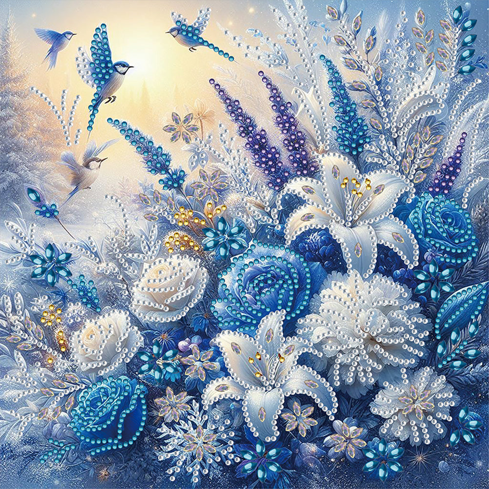 Diamond Painting - Partial Special Shaped - blue and white flower bluebird (30*30CM)