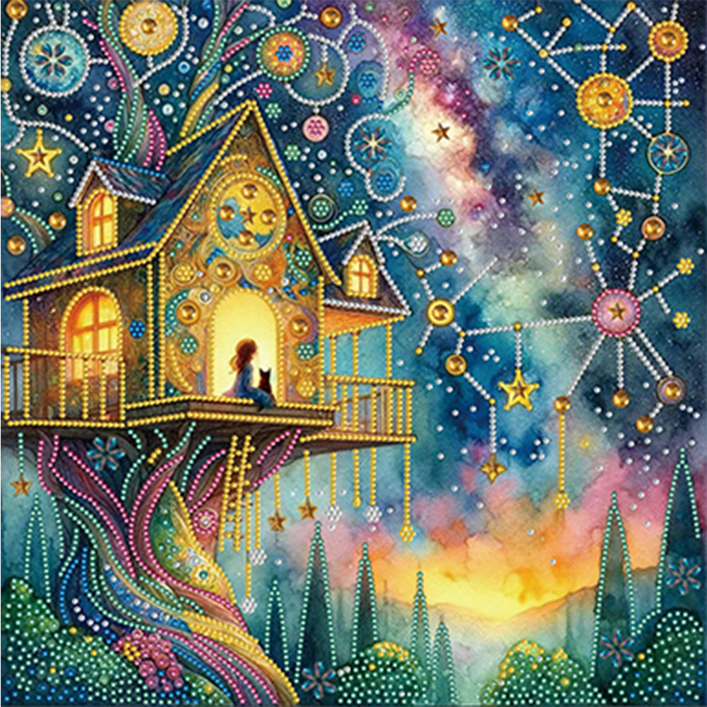 Diamond Painting - Partial Special Shaped - Fantasy Starry Sky Galaxy Treehouse (40*40CM)