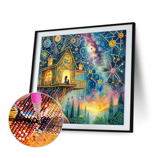 Diamond Painting - Partial Special Shaped - Fantasy Starry Sky Galaxy Treehouse (40*40CM)