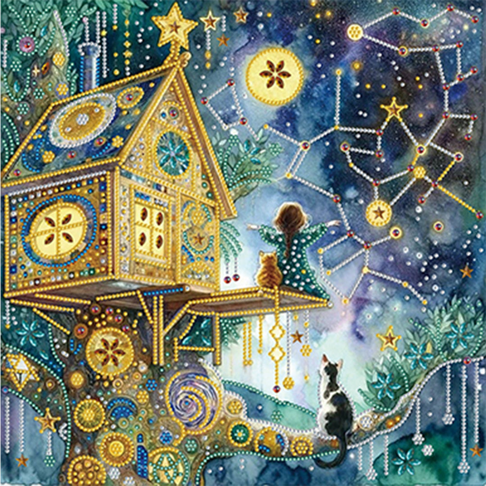 Diamond Painting - Partial Special Shaped - Fantasy Starry Sky Constellation Treehouse (40*40CM)