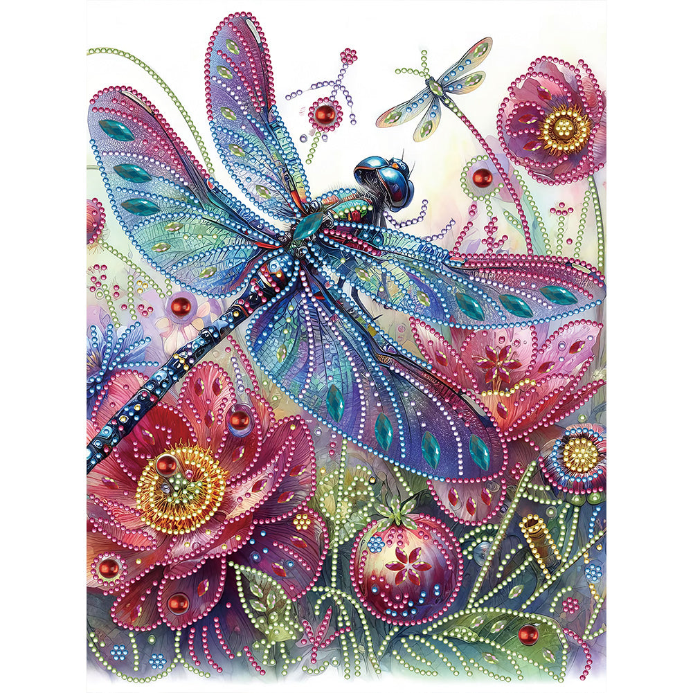 Diamond Painting - Partial Special Shaped - dragonfly on flowers (30*40CM)