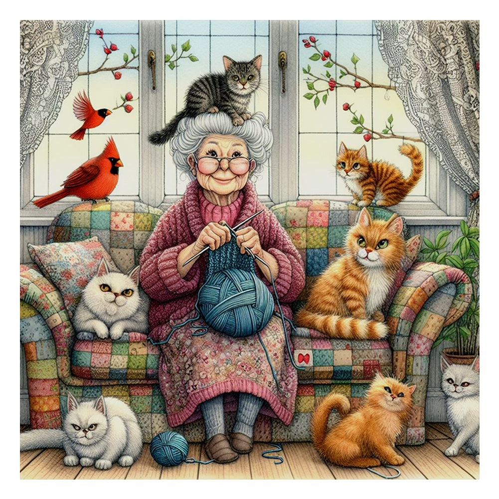 Diamond Painting - Full Round - The old man and her pets (40*40CM)