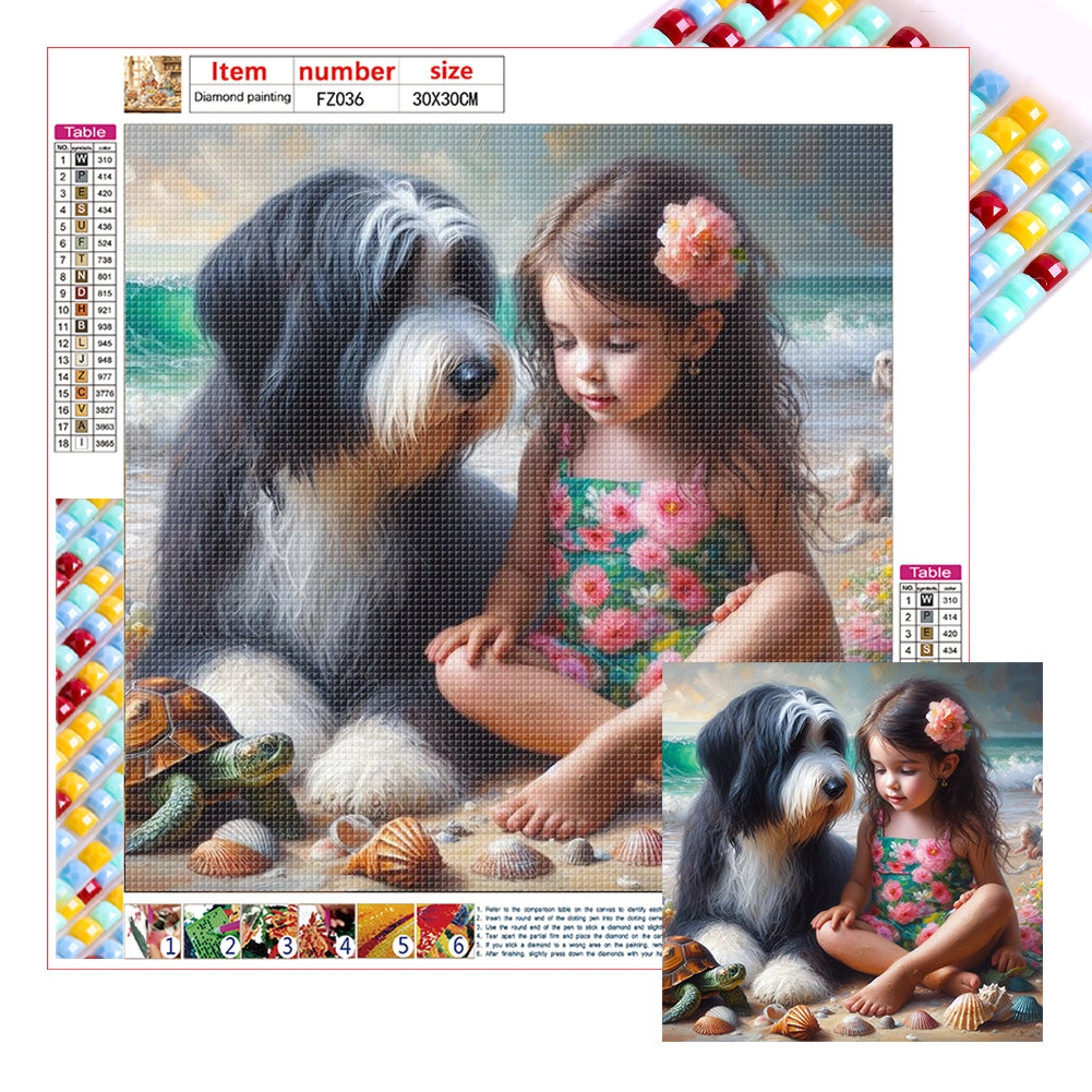 Diamond Painting - Full Square - Girl and dog at the beach (30*30CM)