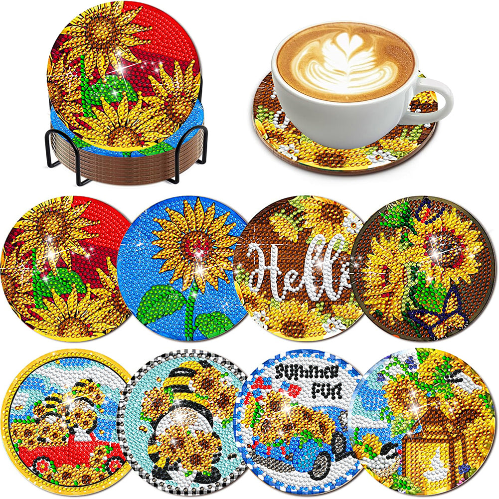 8Pcs Sunflower Gnome Diamond Painting Coasters with Holder Animal for Party