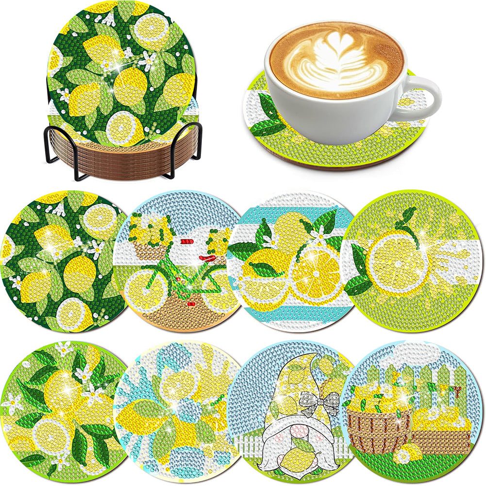 8Pcs Lemon Gnome Diamond Painting Coasters with Holder Animal for Party Decor