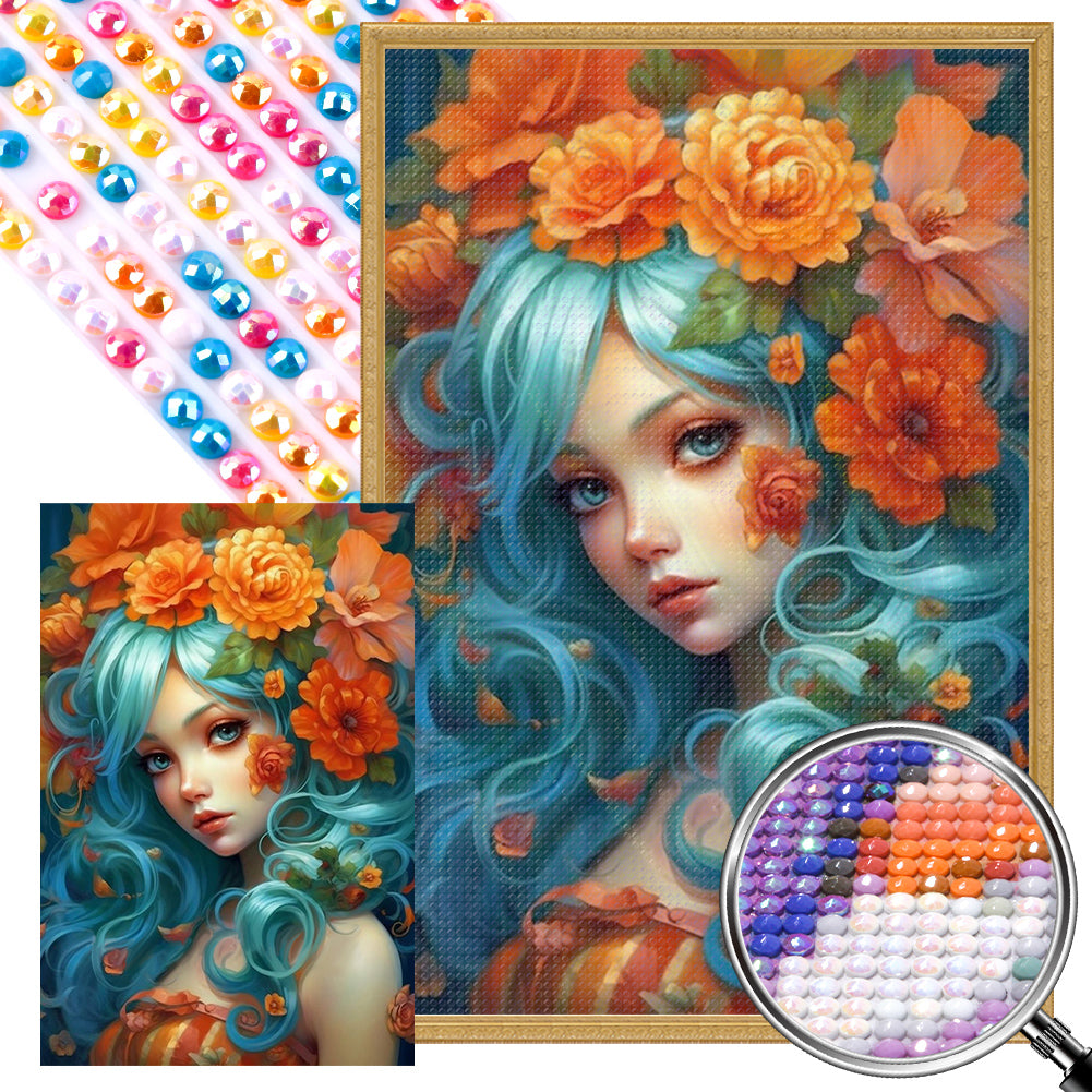 AB Diamond Painting - Full Round - blue-haired girl among flowers (40*60CM)