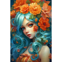 Load image into Gallery viewer, AB Diamond Painting - Full Round - blue-haired girl among flowers (40*60CM)
