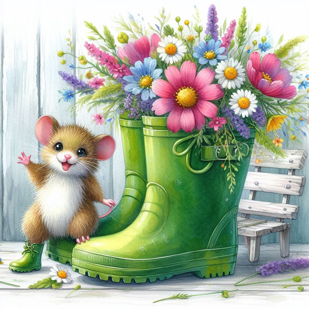Diamond Painting - Full Round - Little mouse and flowers in boots (30*30CM)