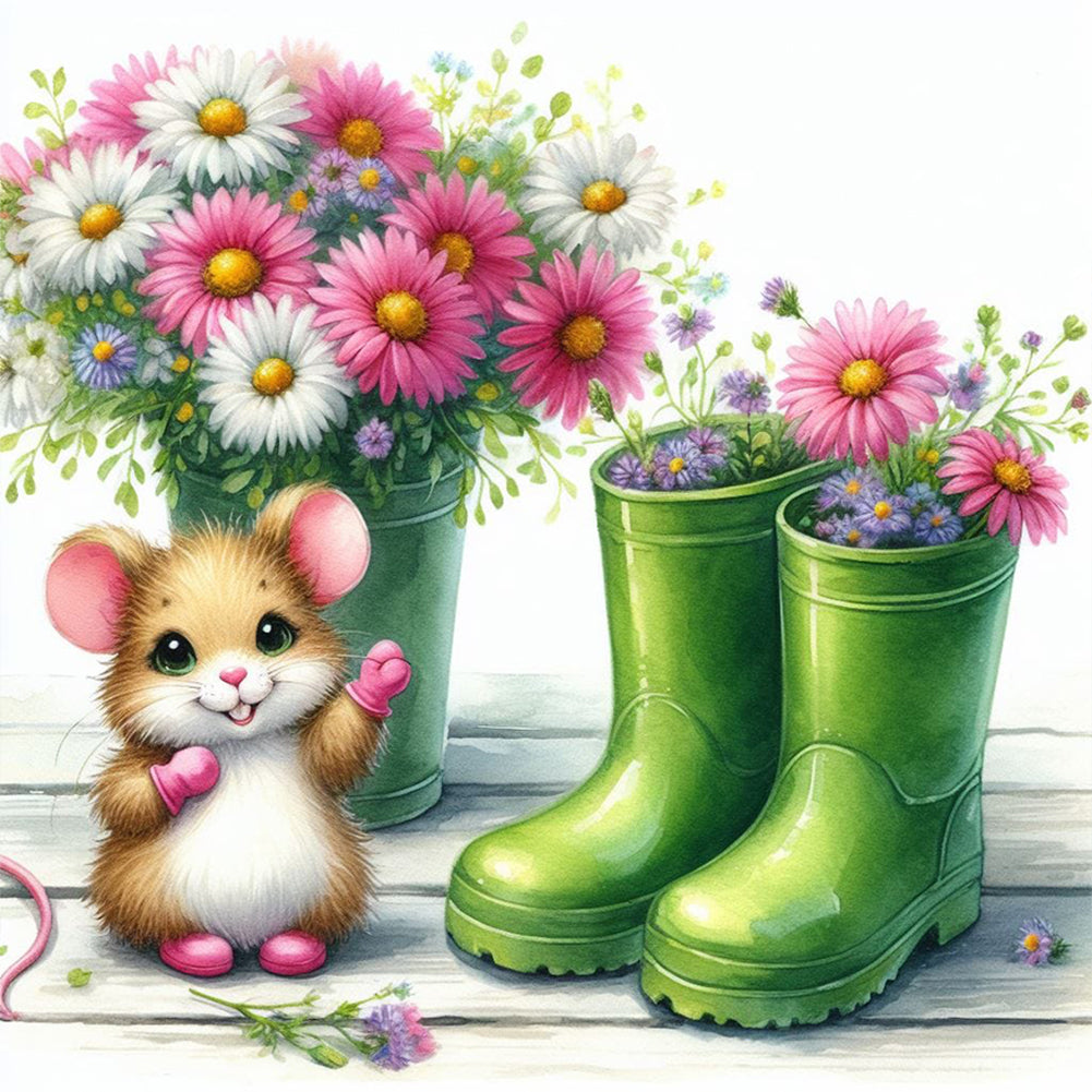 Diamond Painting - Full Round - Little mouse and flowers in boots (30*30CM)