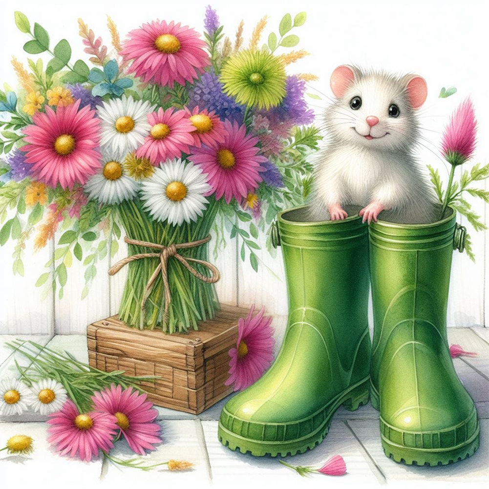 Diamond Painting - Full Round - Little mouse and flowers in boots (30*30CM)