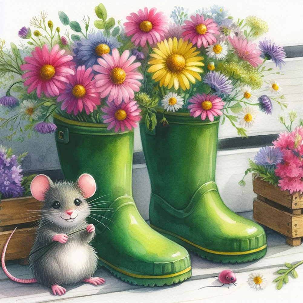 Diamond Painting - Full Round - Little mouse and flowers in boots (30*30CM)