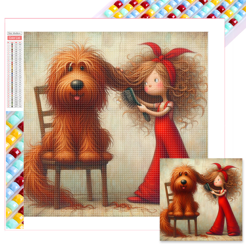 Diamond Painting - Full Square - Woman in red and dog (30*30CM)
