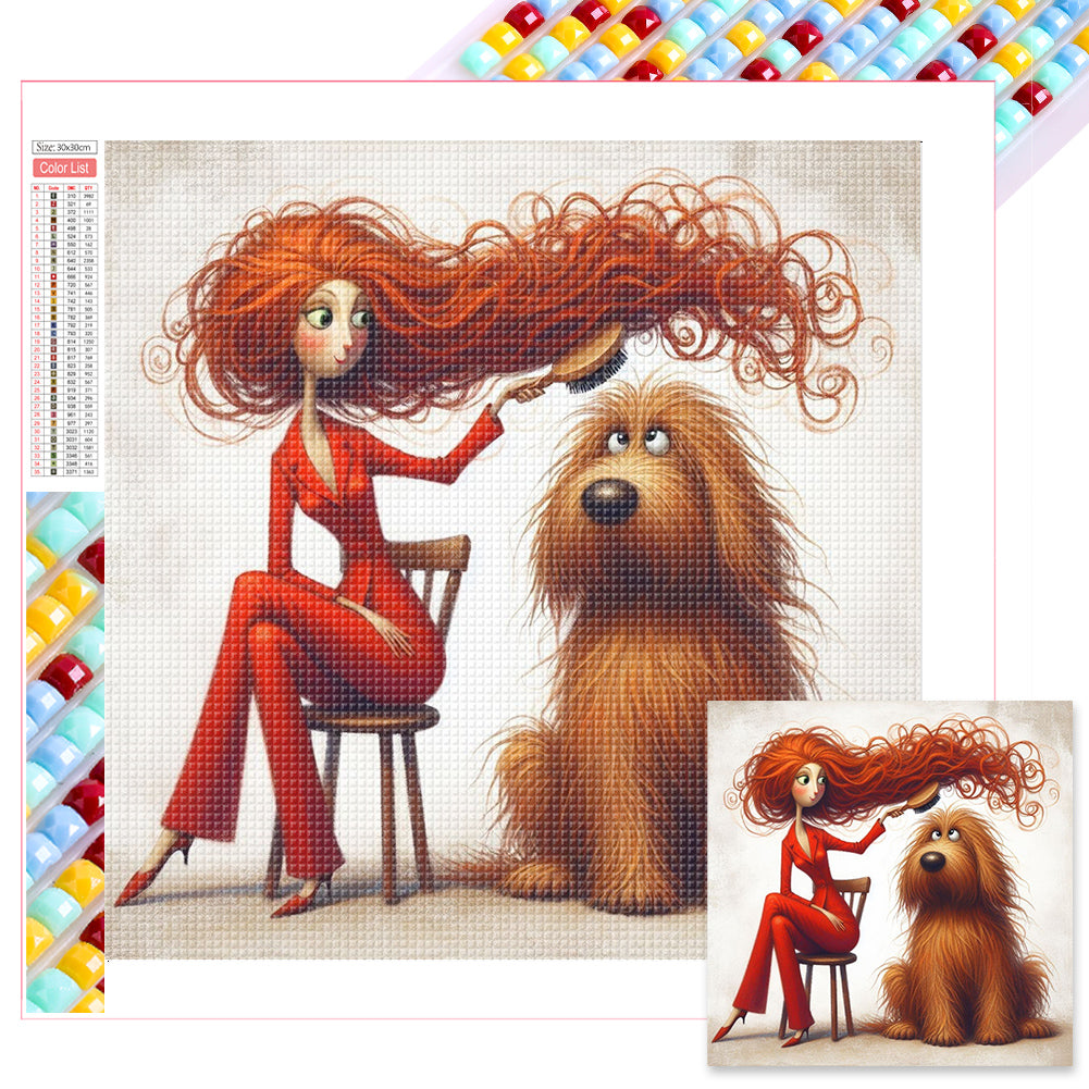 Diamond Painting - Full Square - Woman in red and dog (30*30CM)