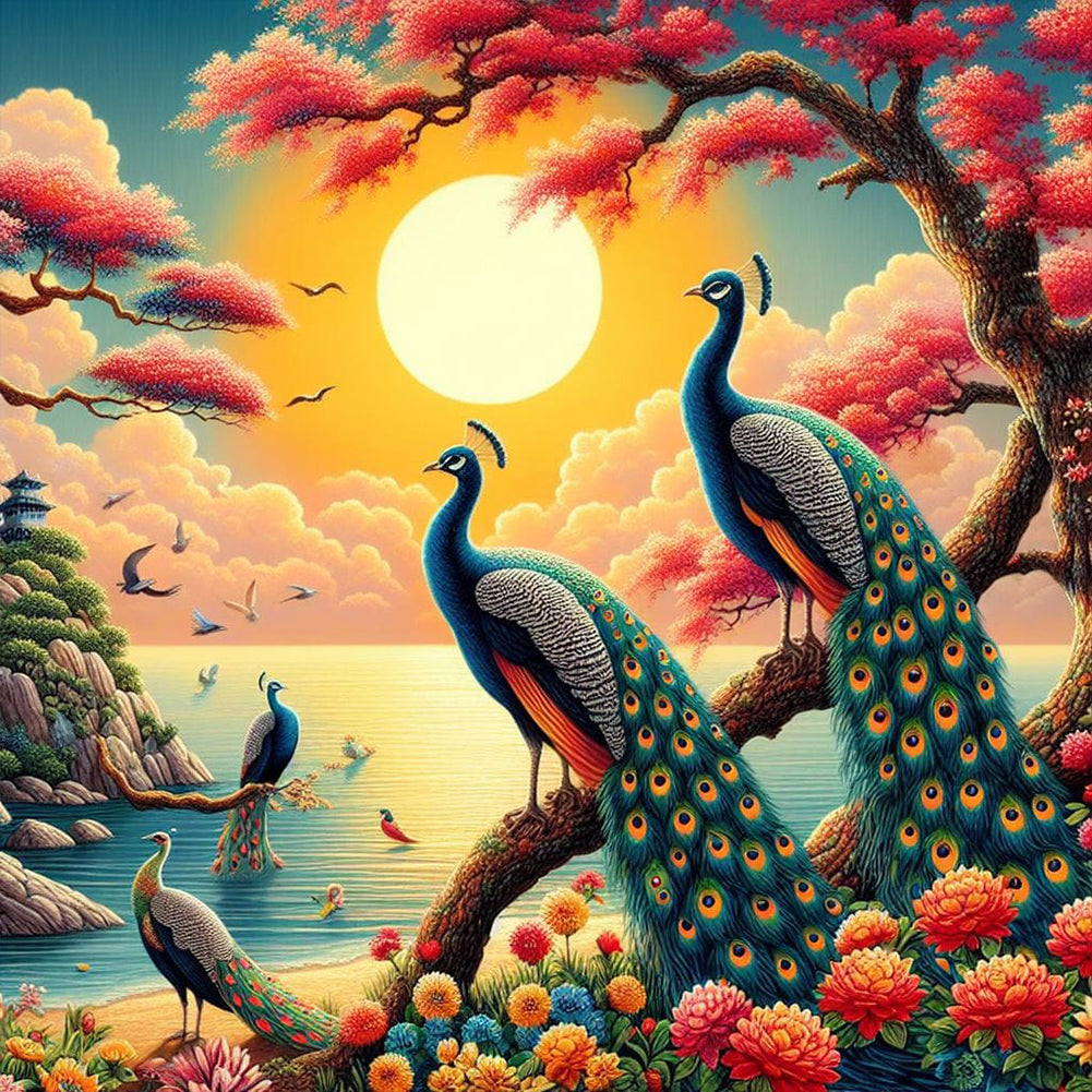 Diamond Painting - Full Round - Peacock and sunset (55*55CM)