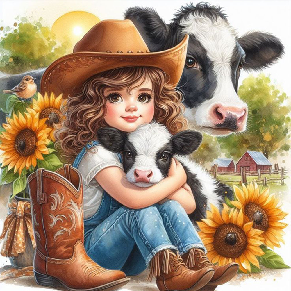 Diamond Painting - Full Round - girl and cow (30*30CM)