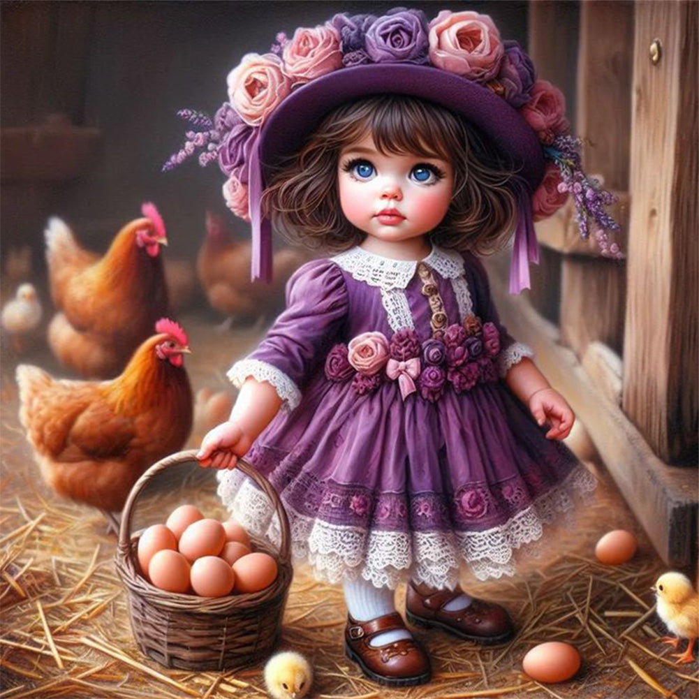 Diamond Painting - Full Round - girl and chicken (30*30CM)