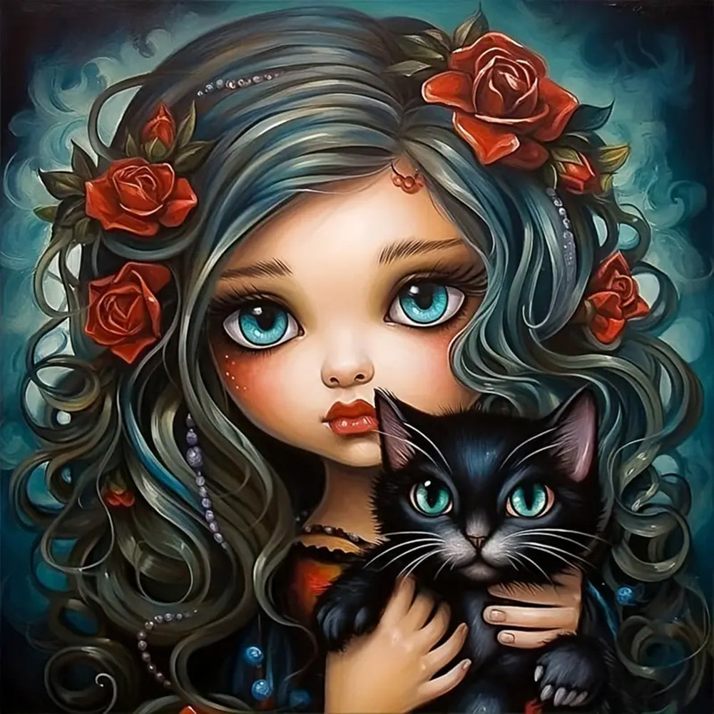 Diamond Painting - Full Round - black cat girl (30*30CM)
