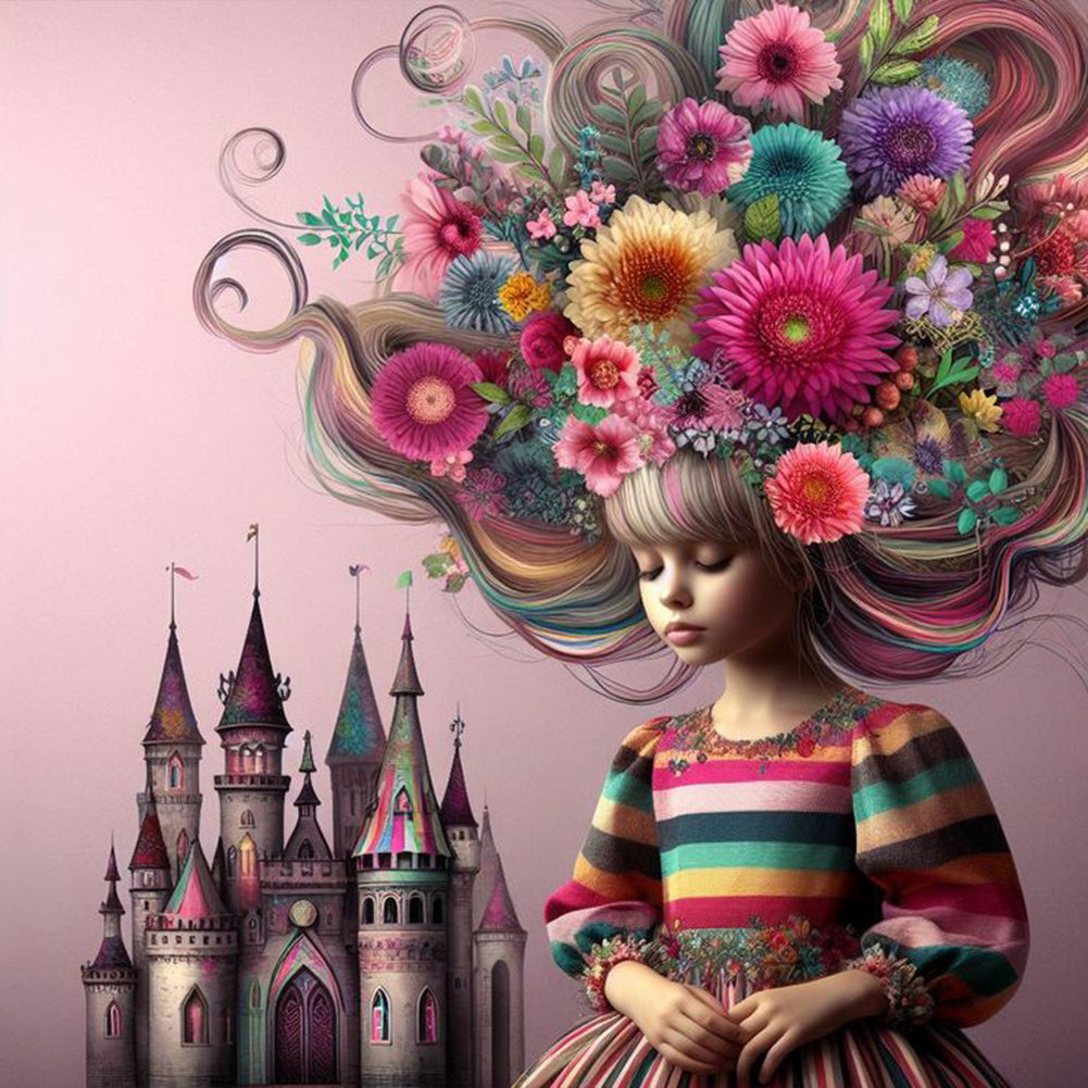 Diamond Painting - Full Round - Flower castle hair for girls (30*30CM)