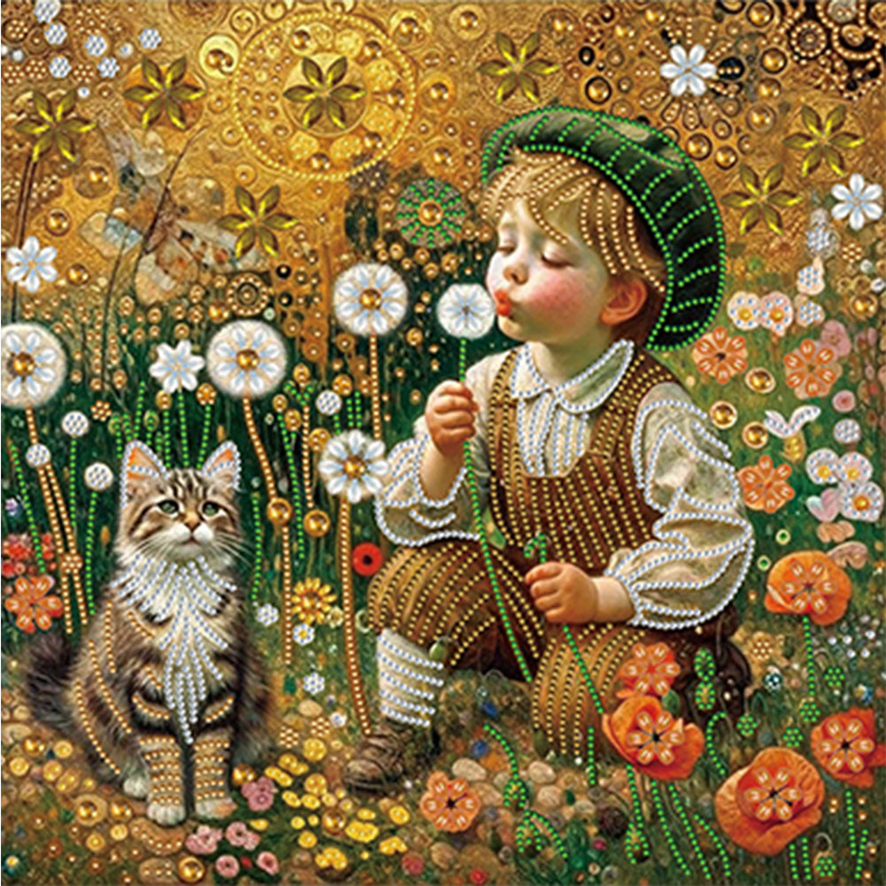 Diamond Painting - Partial Special Shaped - Children's Day Boy Kitten Dandelion Fantasy Children's World (40*40CM)