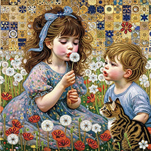 Load image into Gallery viewer, Diamond Painting - Partial Special Shaped - Children&#39;s Day Boy Kitten Dandelion Fantasy Children&#39;s World (40*40CM)
