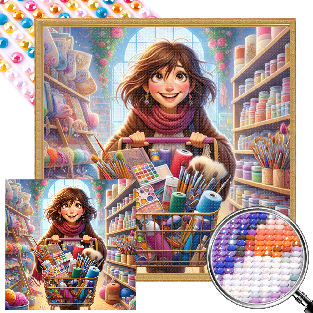 AB Diamond Painting - Full Round - girl pushing shopping cart (40*40CM)