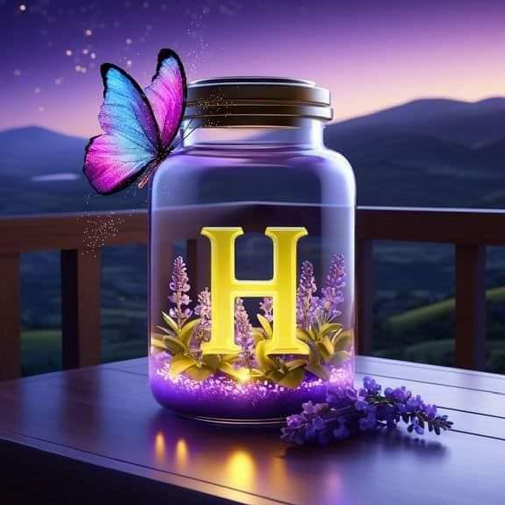 Diamond Painting - Full Round - Fantasy glass bottle butterfly letter H (40*40CM)