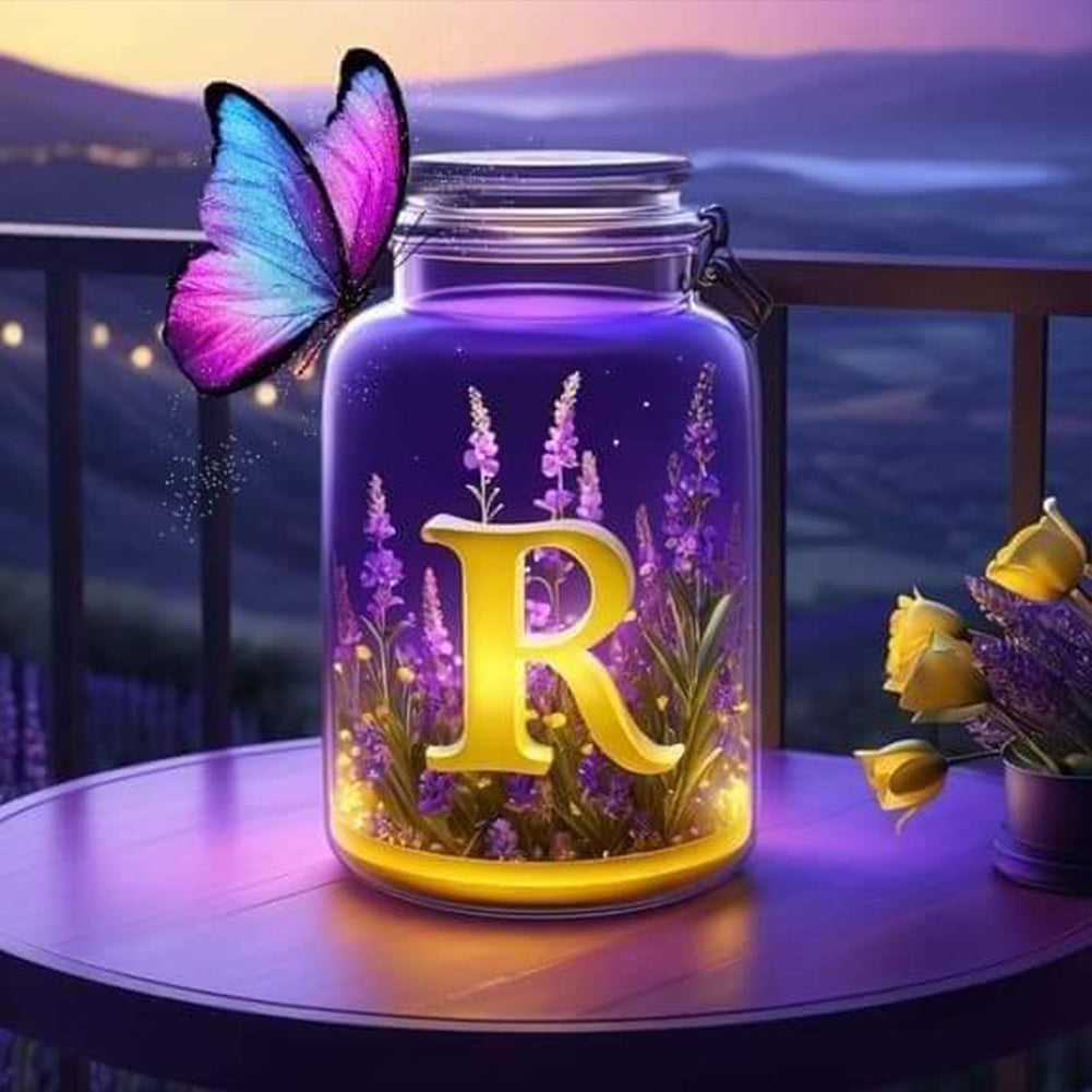 Diamond Painting - Full Round - Fantasy glass bottle butterfly letter R (40*40CM)